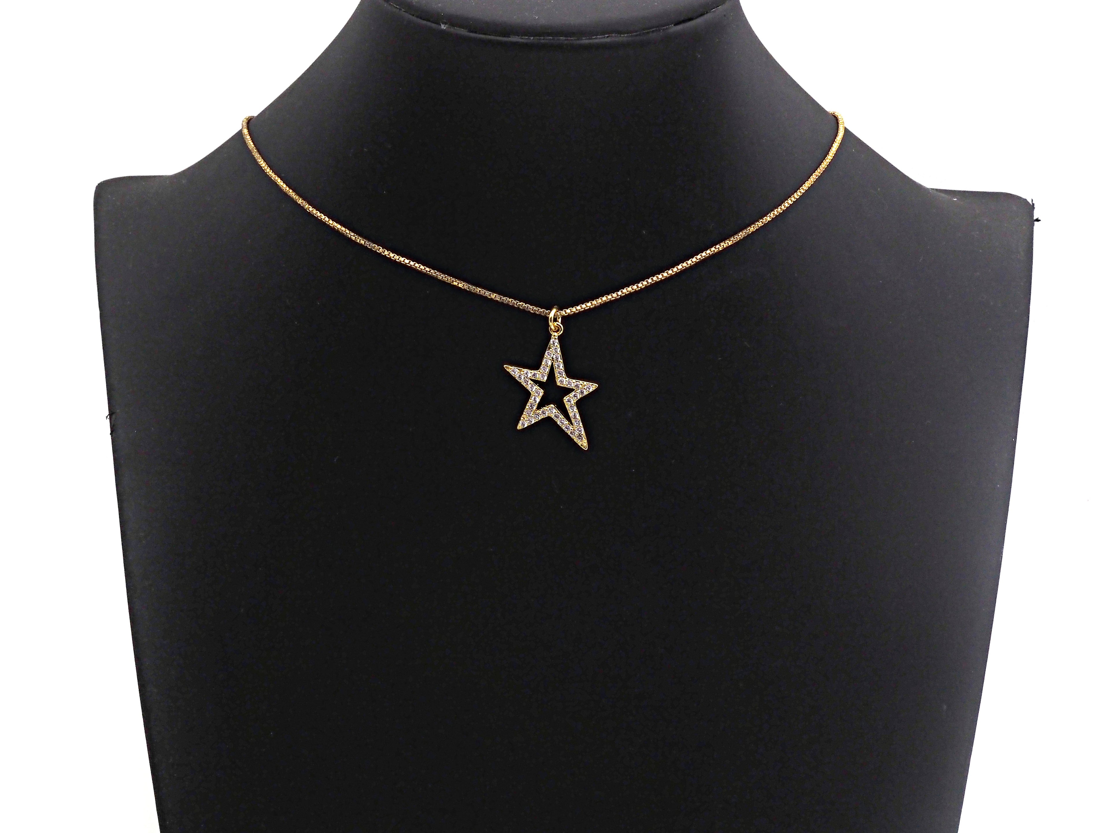Clear/Black CZ Micro Pave Five Star Shape Pendant, Star Cubic Zirconia Pendant, Silver/Gold/Rose Gold/Black Tone, 13x23mm,Sku#X135