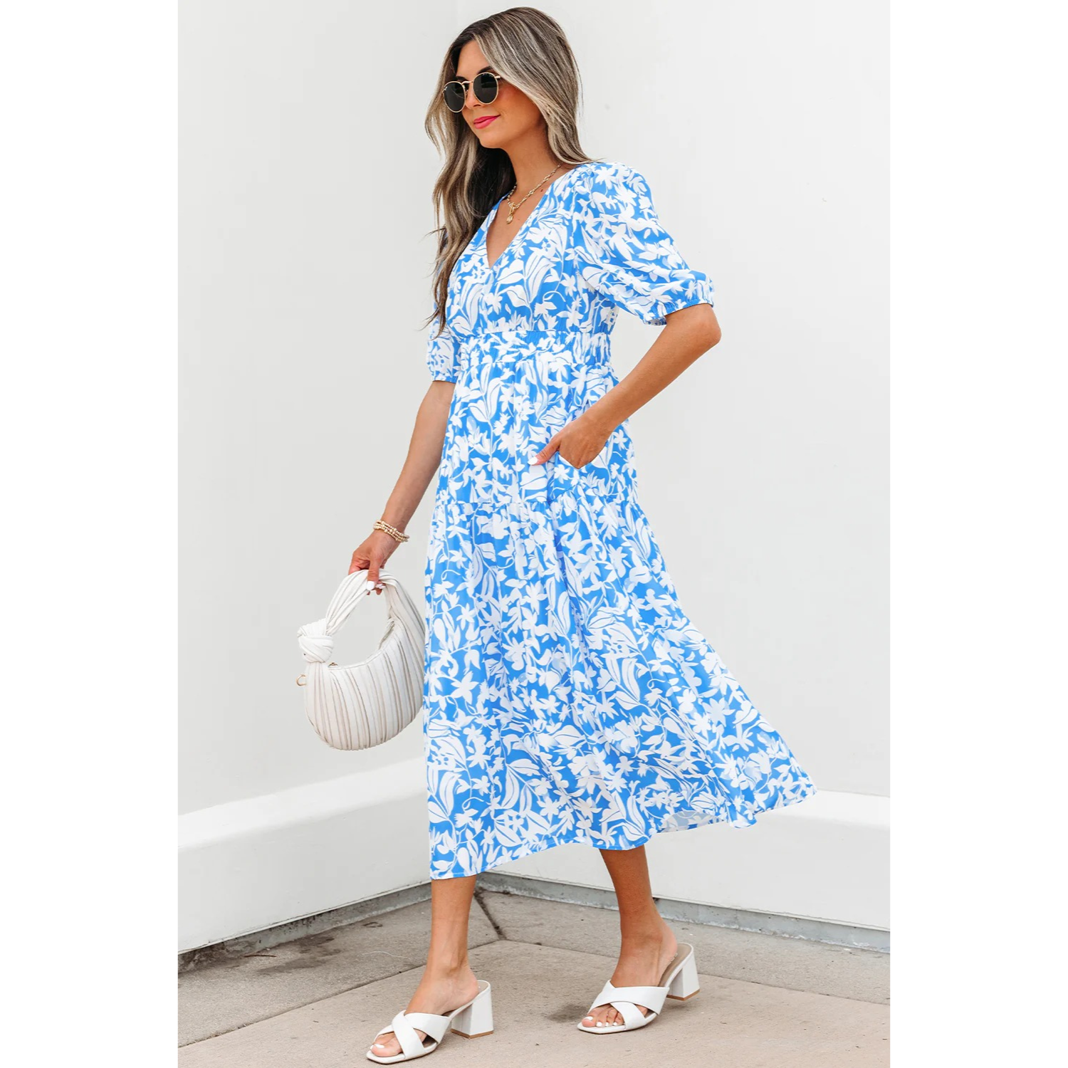Stacey-Sky Blue Floral V Neck Puff Short Sleeve Flowy Long Dress