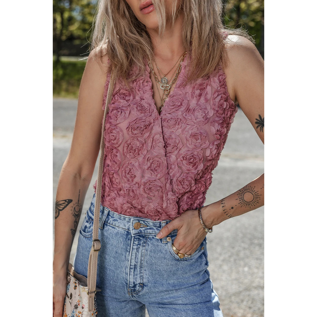 Claire - Rose Textured V-Neck Sleeveless Bodysuit