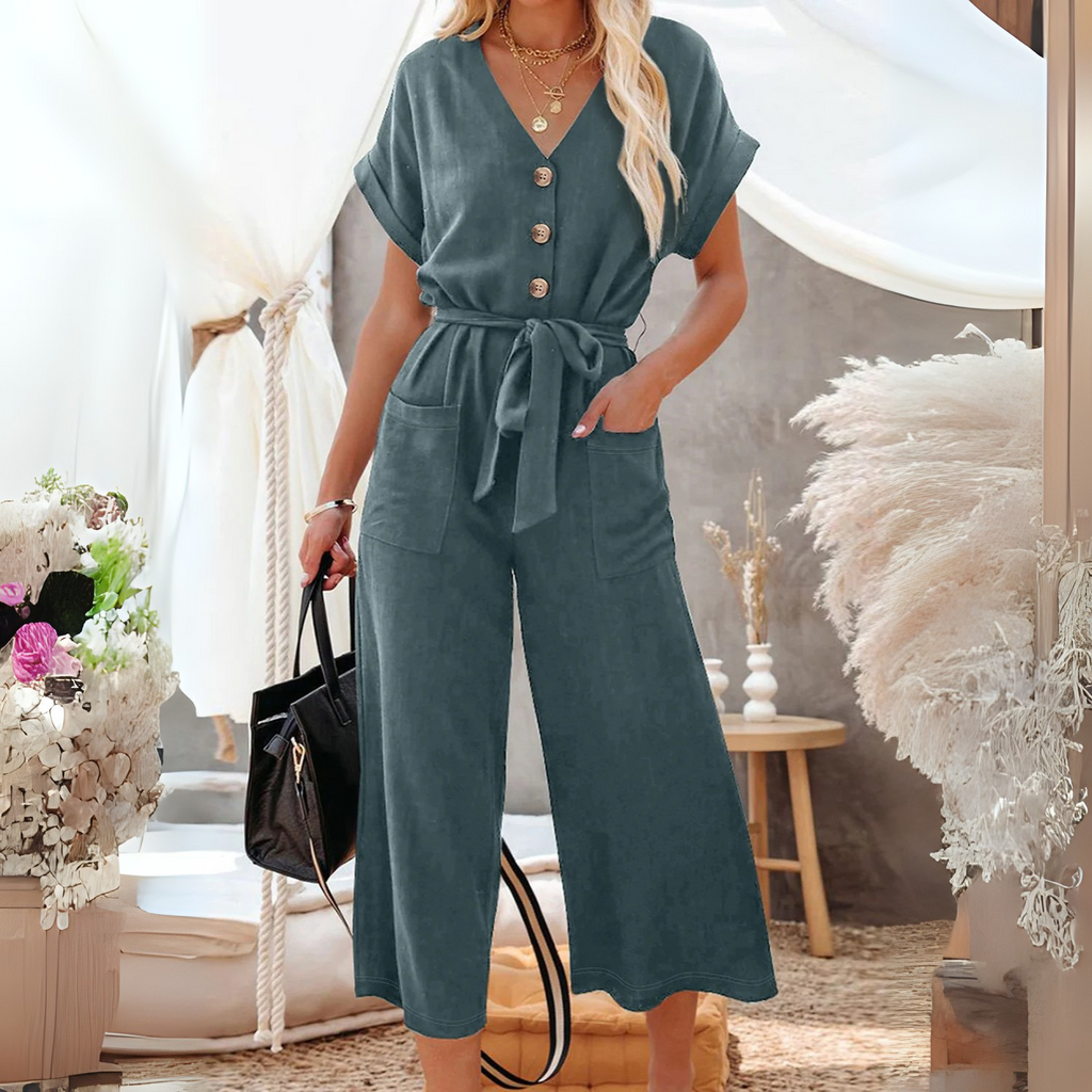 Maggie-Blue Dolman Button Belted V Neck Wide Leg Pocketed Jumpsuit
