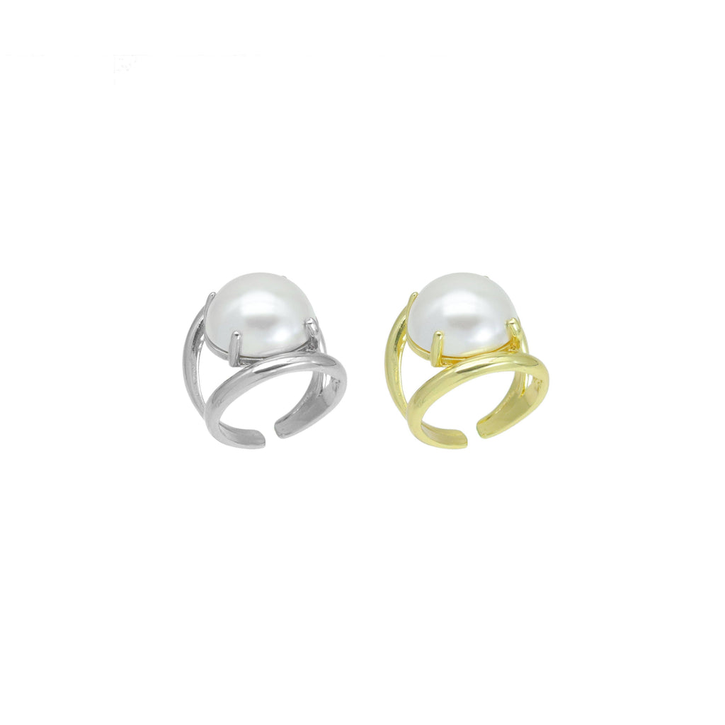 Gold Silver Large White Pearl Statement Adjustable Ring, Sku#LX768