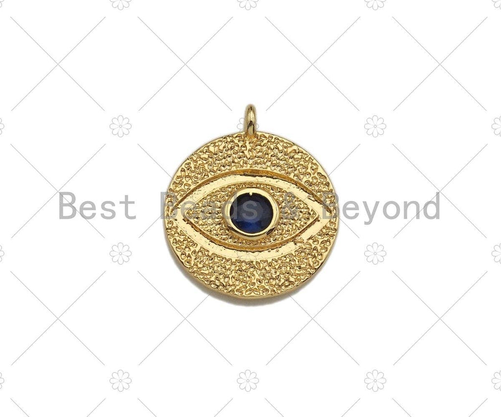 Cobalt  CZ Micro Pave Round Evil Eye on Disc Pendant/Charm, Lucky eye Cubic Zirconia Pendant, 24K Gold Tone,16x18mm,Sku#L305