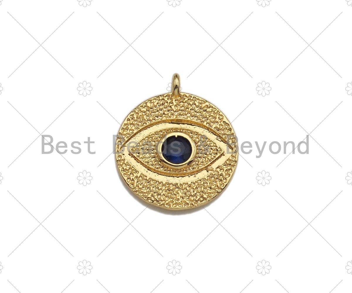Cobalt  CZ Micro Pave Round Evil Eye on Disc Pendant/Charm, Lucky eye Cubic Zirconia Pendant, 24K Gold Tone,16x18mm,Sku#L305