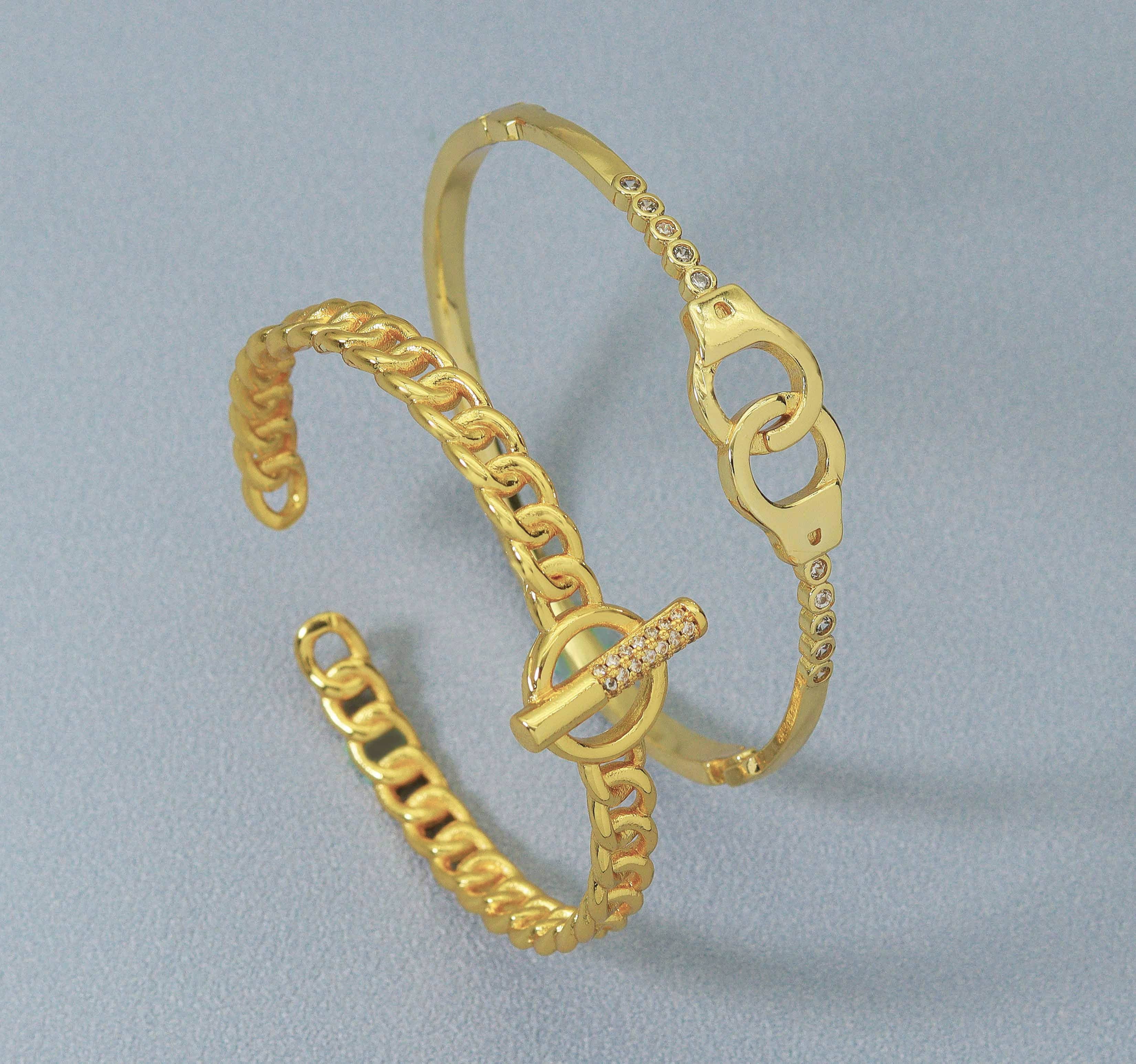 Gold CZ Pave Thin Toggle Handcuff Cuff bracelet, sku#JL118