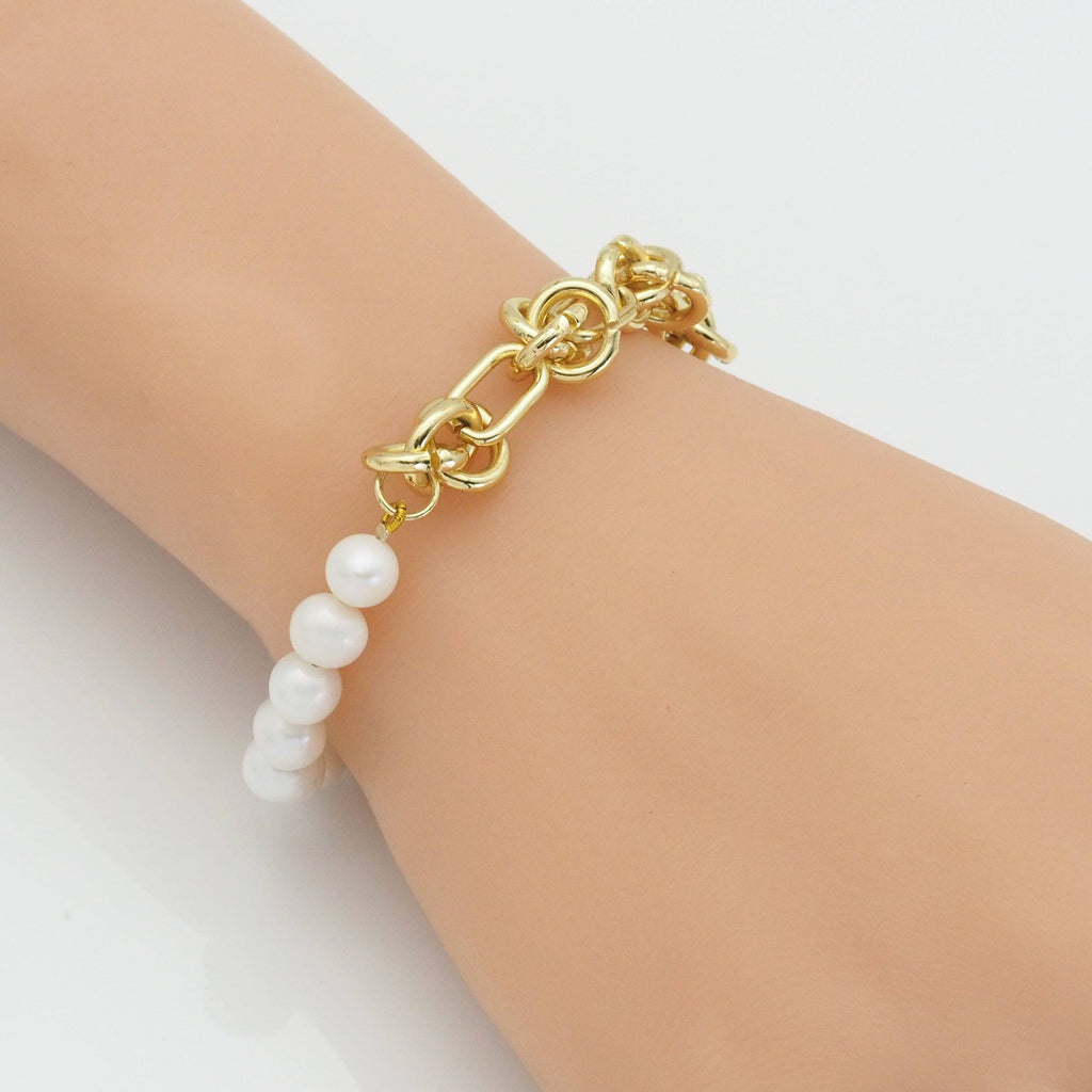 Knotted Link Chain Freshwater Pearl Bracelet Necklace, Sku#EF352C