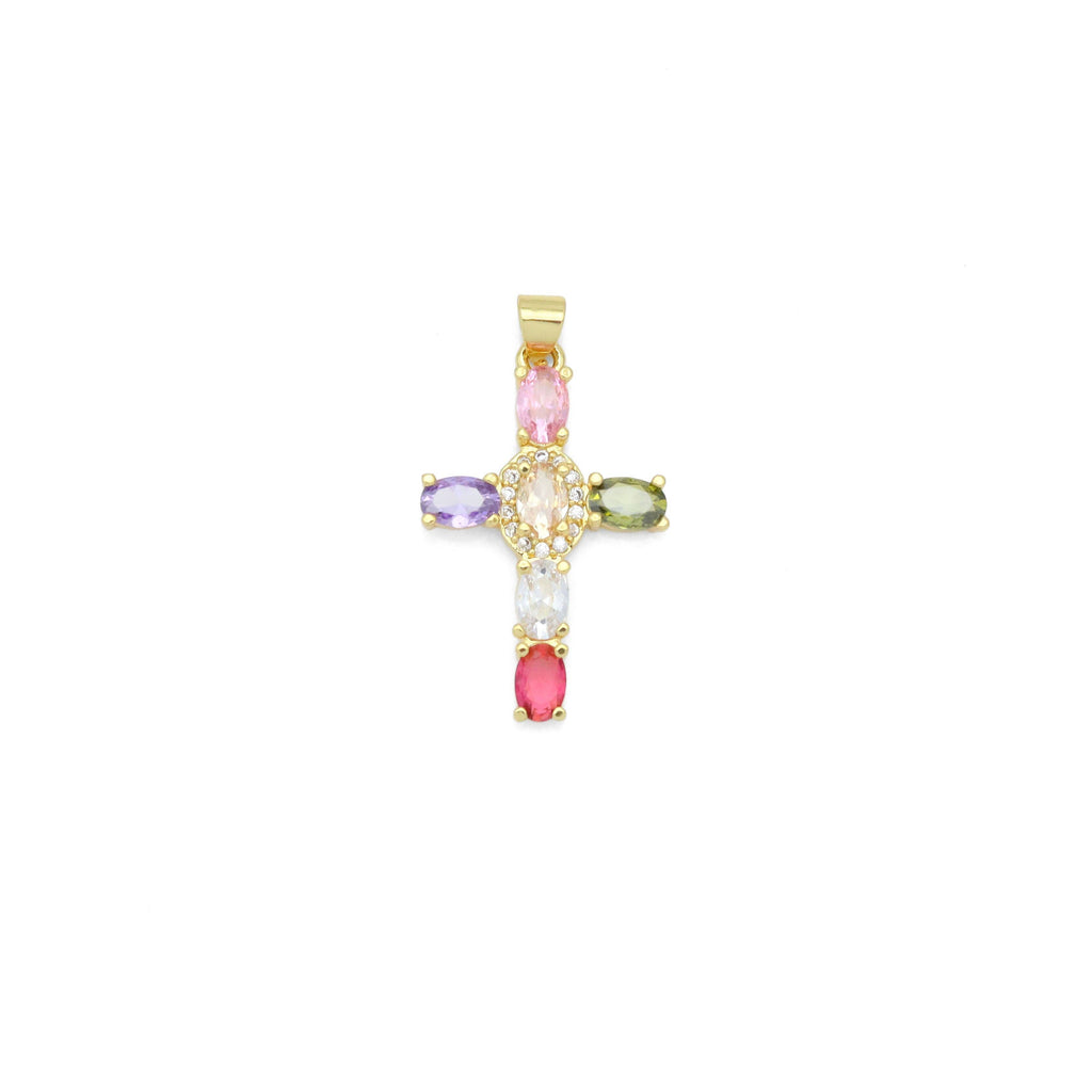 Gold Colorful Oval CZ Cross Charm Pendant, Sku#LD640