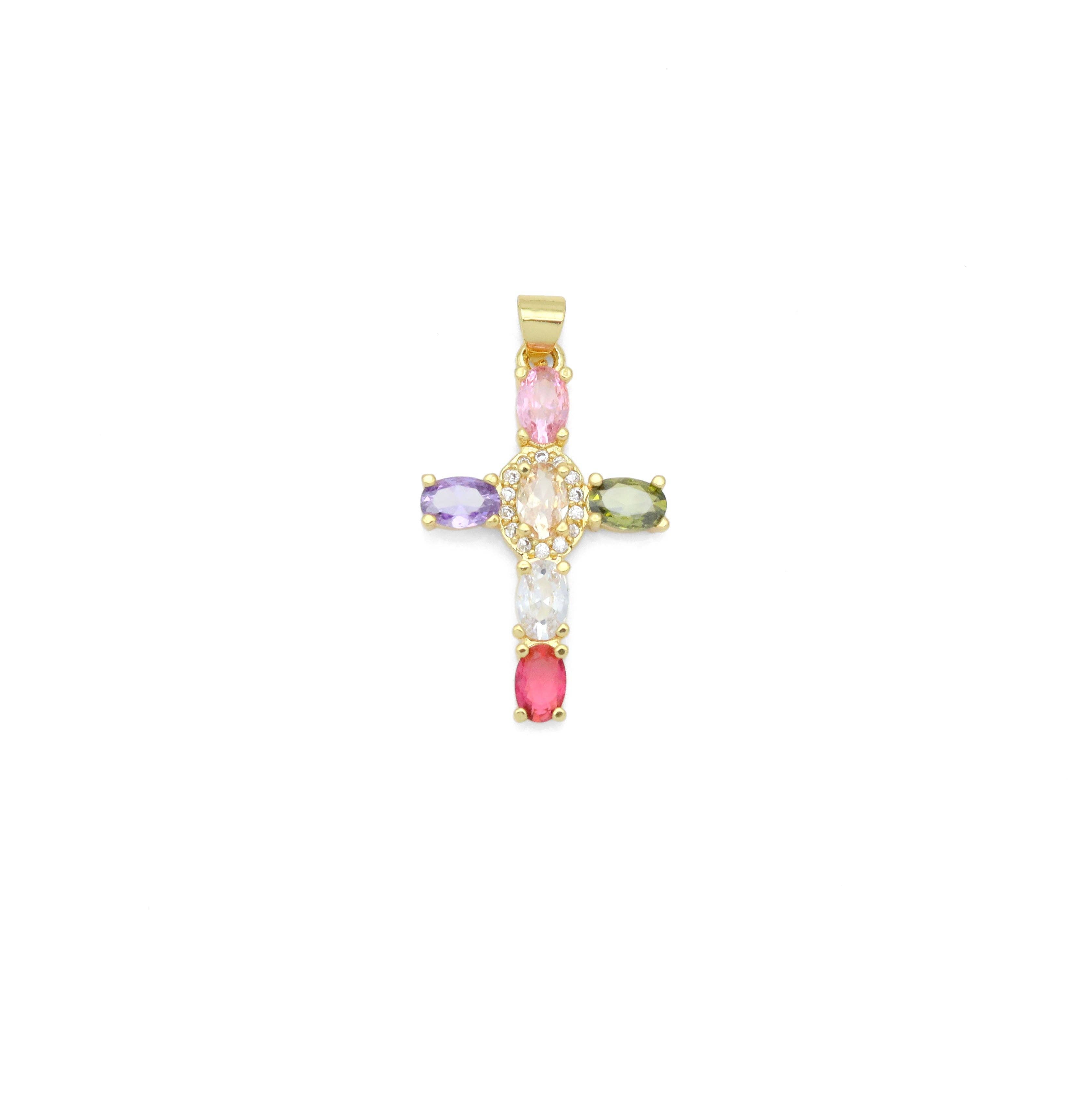 Gold Colorful Oval CZ Cross Charm Pendant, Sku#LD640