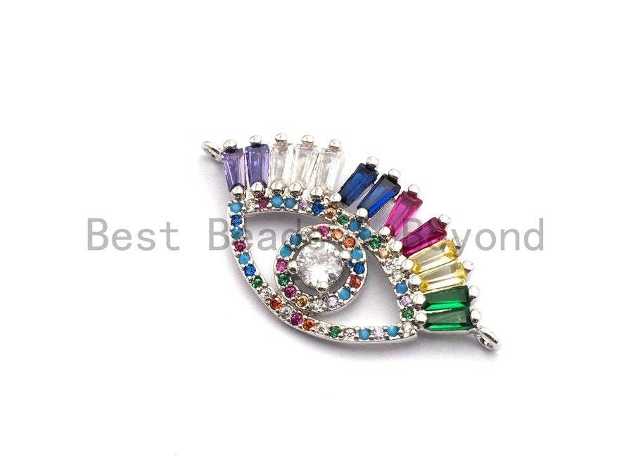 CZ Micro Pave Evil Eye With Rainbow Long Eyelashes Connector for Bracelet/Necklace, Cz Space Connector,16x33mm,sku#E480C