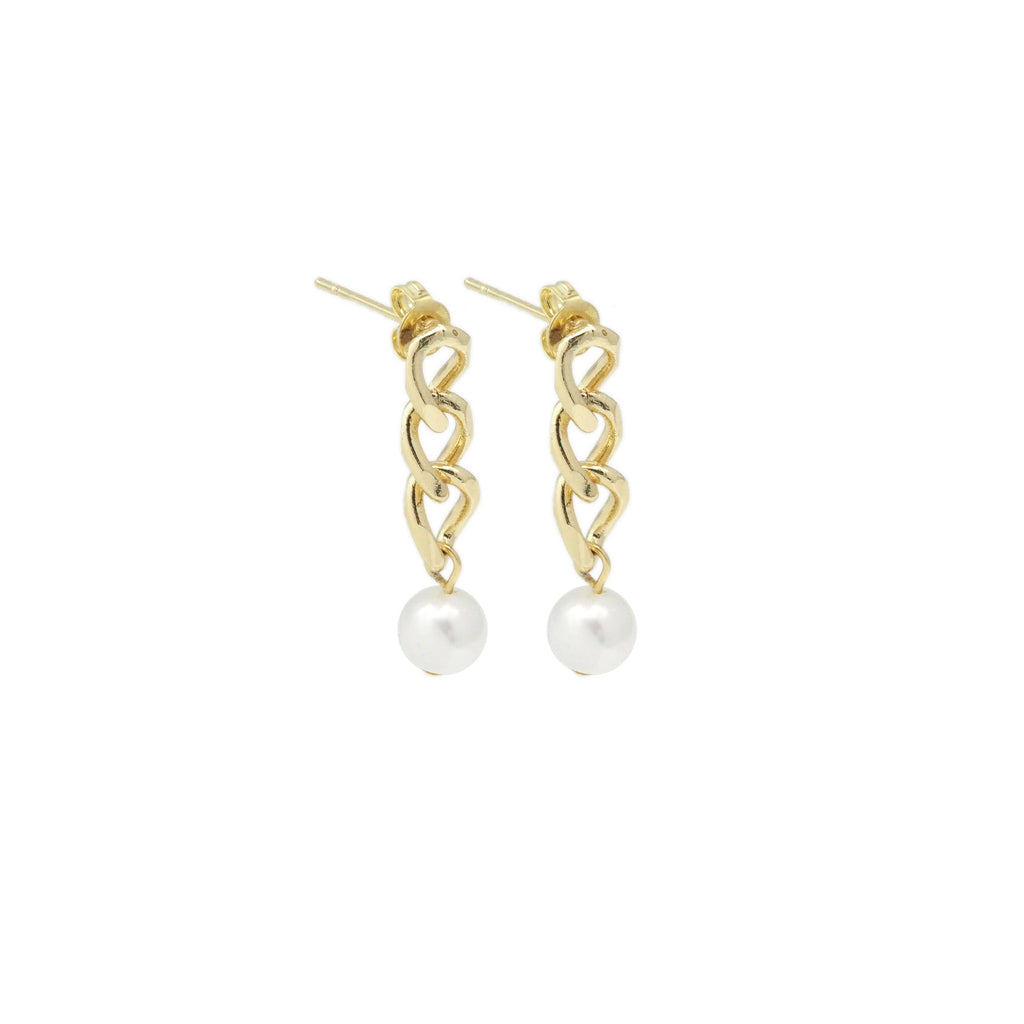 CZ Gold Cuban Chain White Pearl Earrings, Sku#ZX146