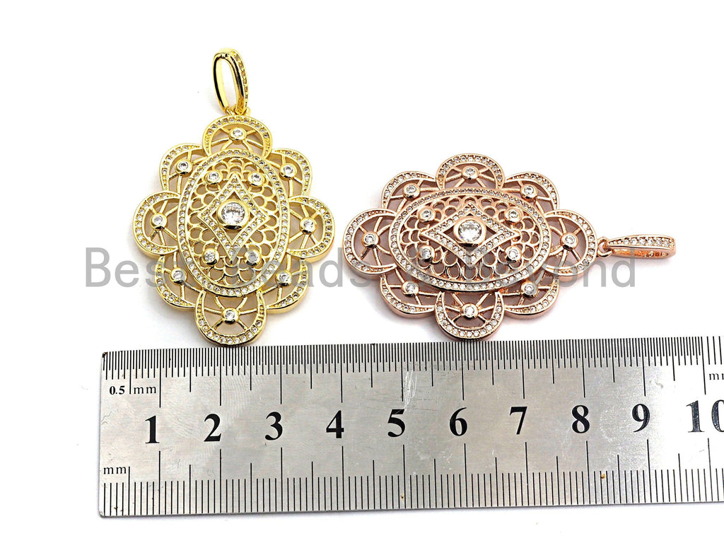 CZ Clear/Black Micro Pave Symmetric Filigree Flower Pendant, Gold/Rose Gold/Silver/Gunmetal plated, 34x45mm, Sku#F787