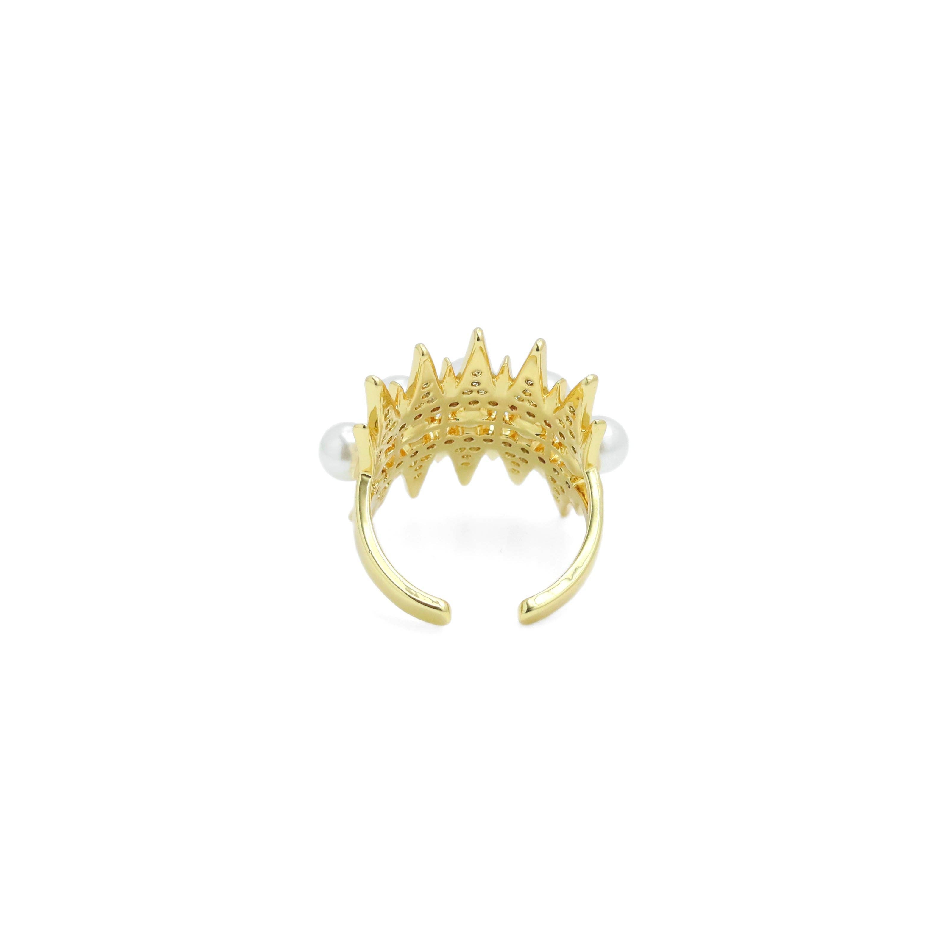 Clear CZ White Pearl Triangle Spike Adjustable Ring, Sku#LD613