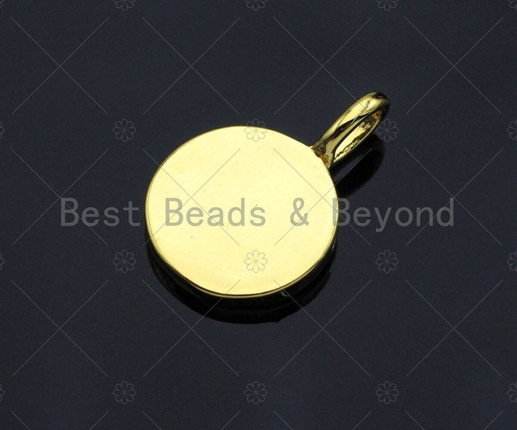 18k Shiny Gold Flower On Round Coin Charms, Dainty Charms, Flower Pendant, Gold Pendant, Round Necklace Charms, 12x18mm, Sku#Z1174