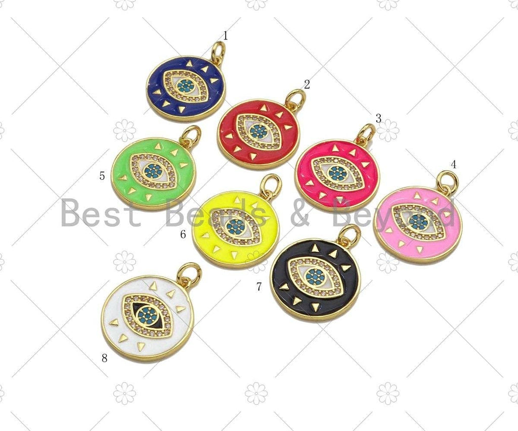 CZ Micro Pave Evil Eye On Colorful Enamel Round Coin Shape Pendant, 18K Gold Enamel Medallion Charm, Enamel Jewelry,17x19mm,Sku#L522