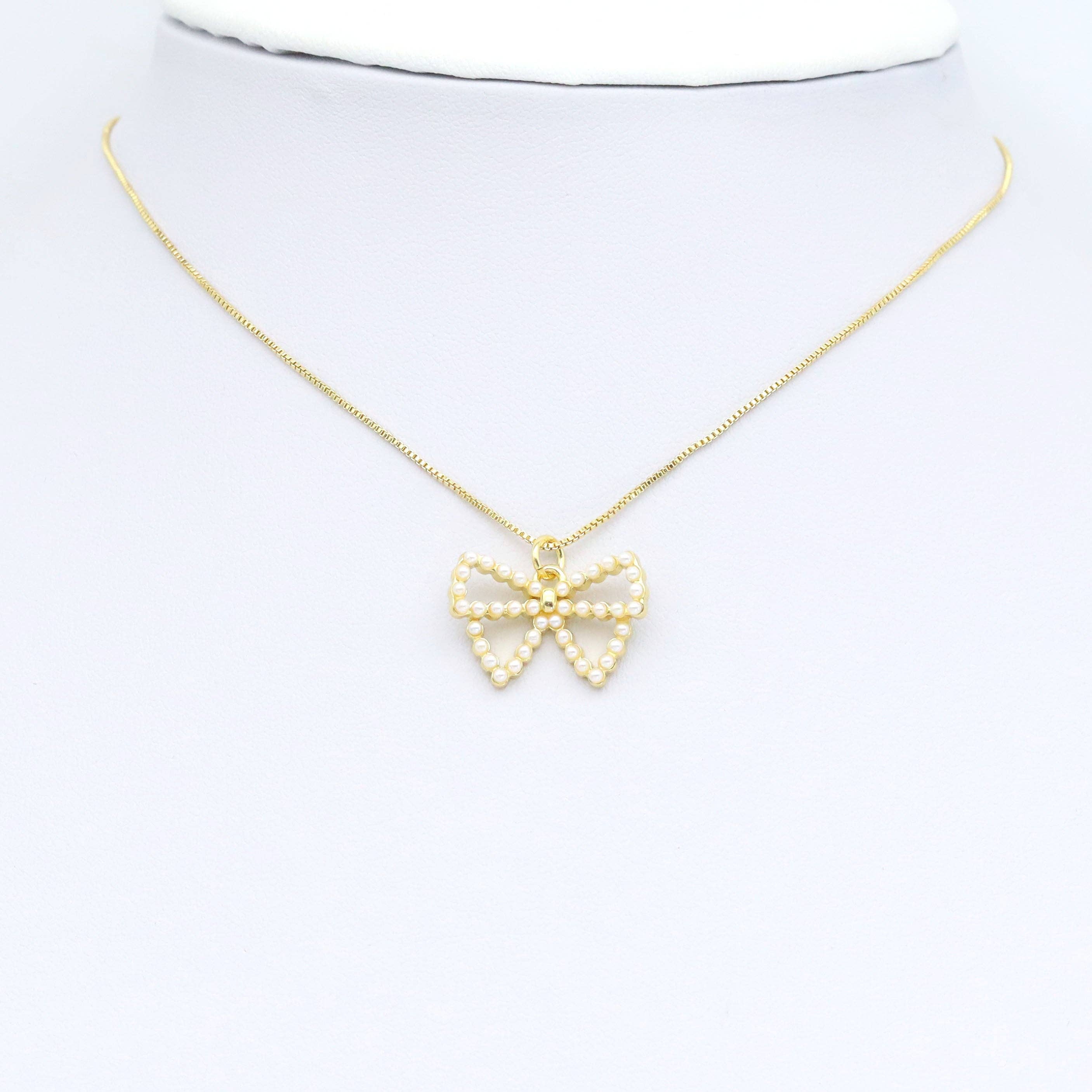 White Pearl Gold Bowknot Charm Pendant, bow charm, Sku#LK955