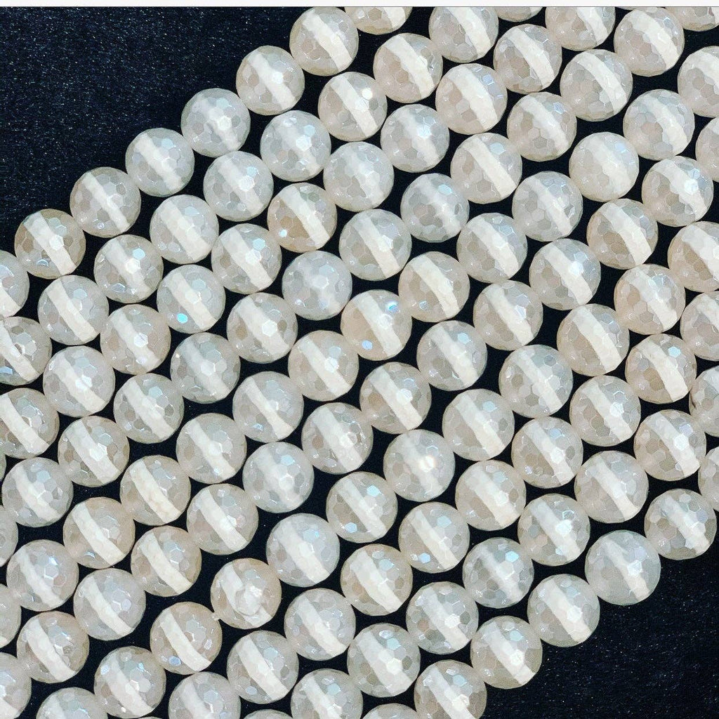 Agate Tibétaine Blanche Plaqué Mystique une ligne, Perles d'Agate Rondes Facettées 8mm/10mm/12mm, Agate Tibétaine Blanche Naturelle, 15.5" Plein Fil, sku# UA100