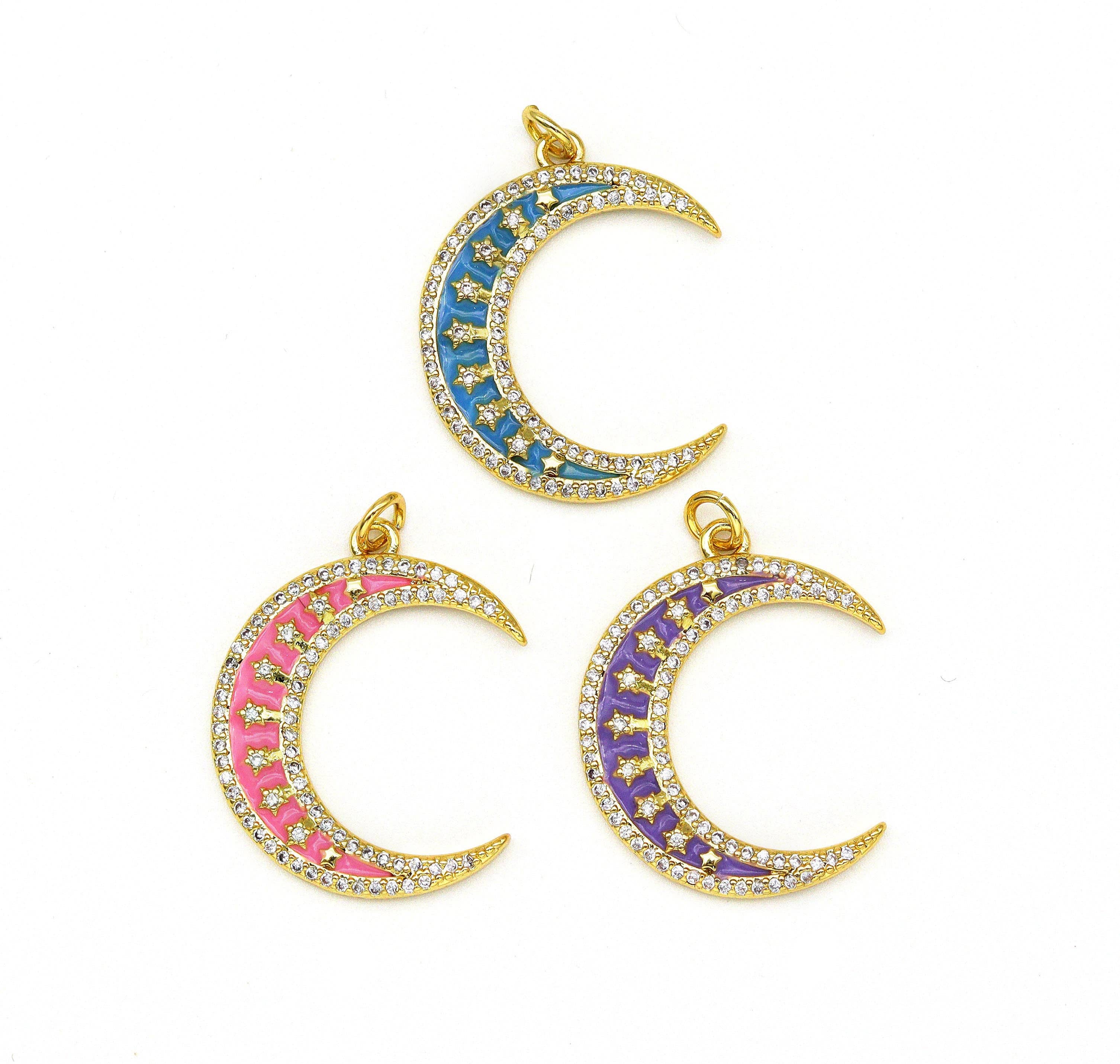 CZ Enamel Cresent Moon Star Charm,Sku#Z1393