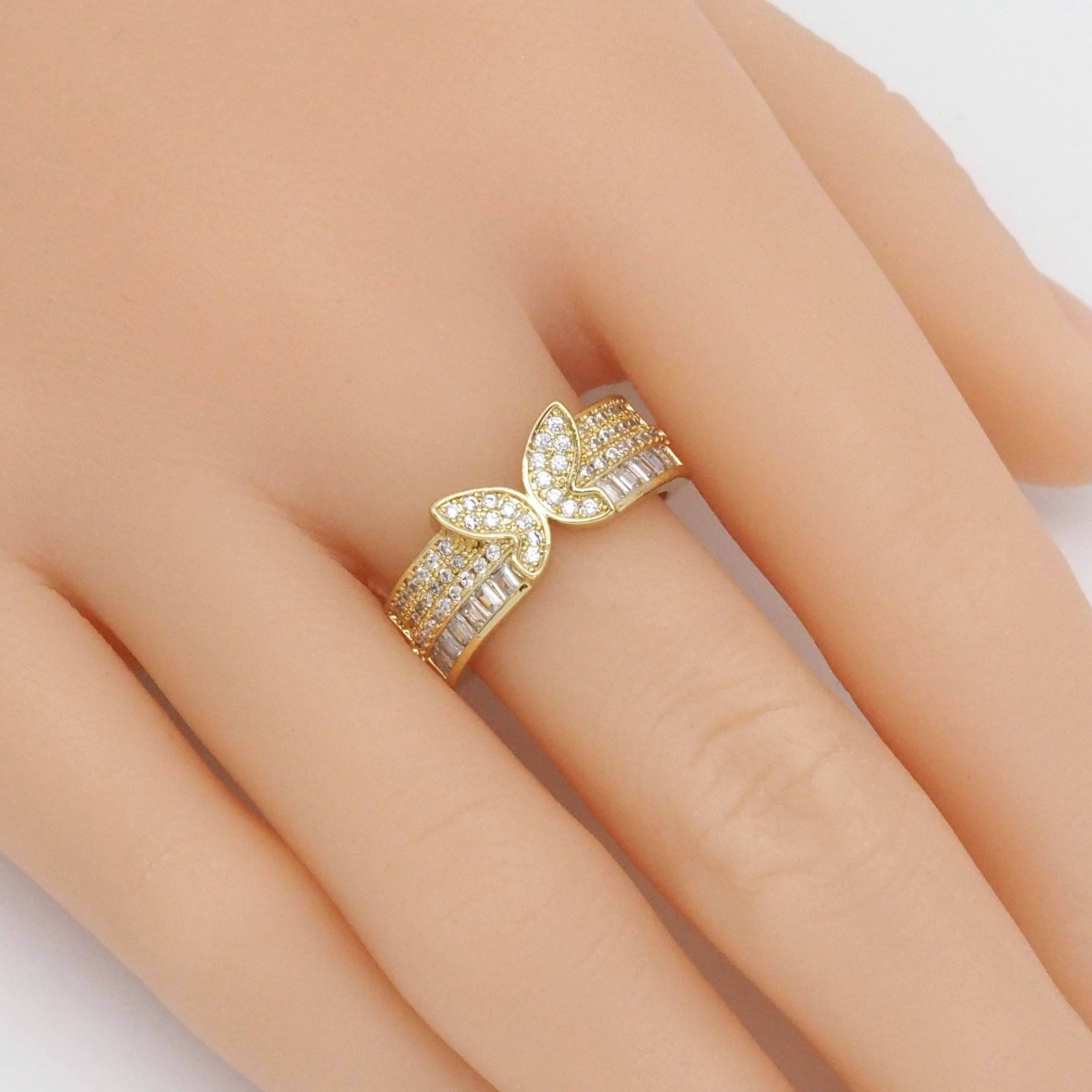 Gold CLear CZ Butterfly Thick Band Adjustable Ring, Sku#LD431
