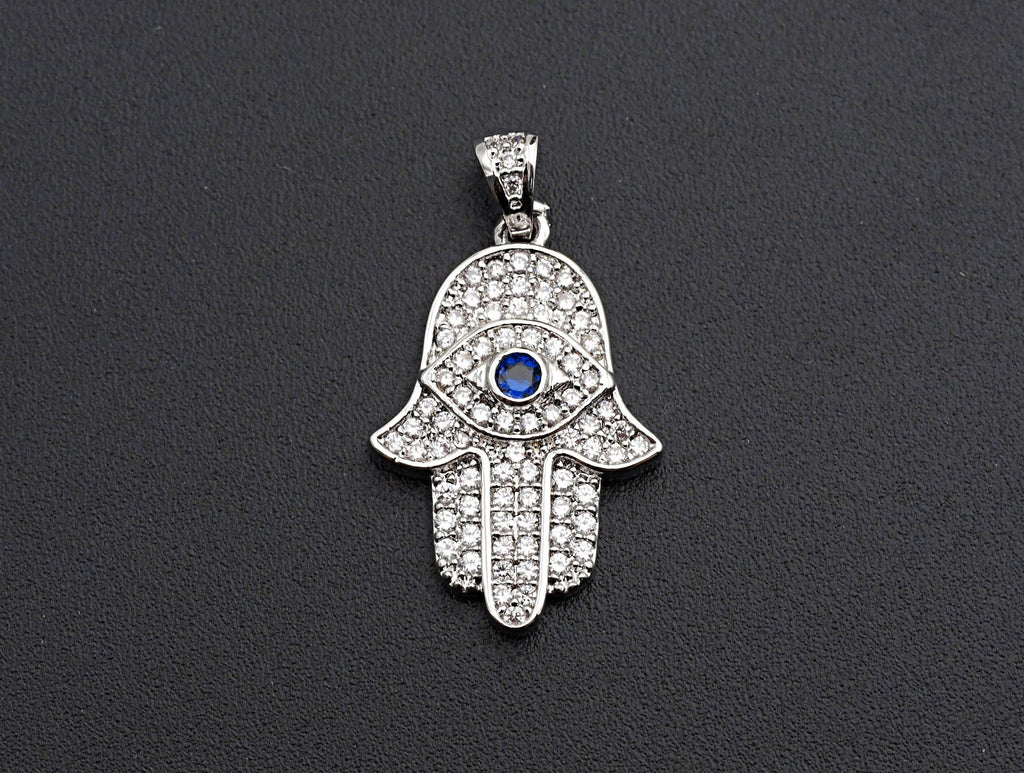 Clear Cobalt Blue CZ Micro Pave Evi Eye On Hamsa Hand Shaped Pendant/Charm, Cubic Zirconia Pendant Charm,15x23mm,sku#Z570