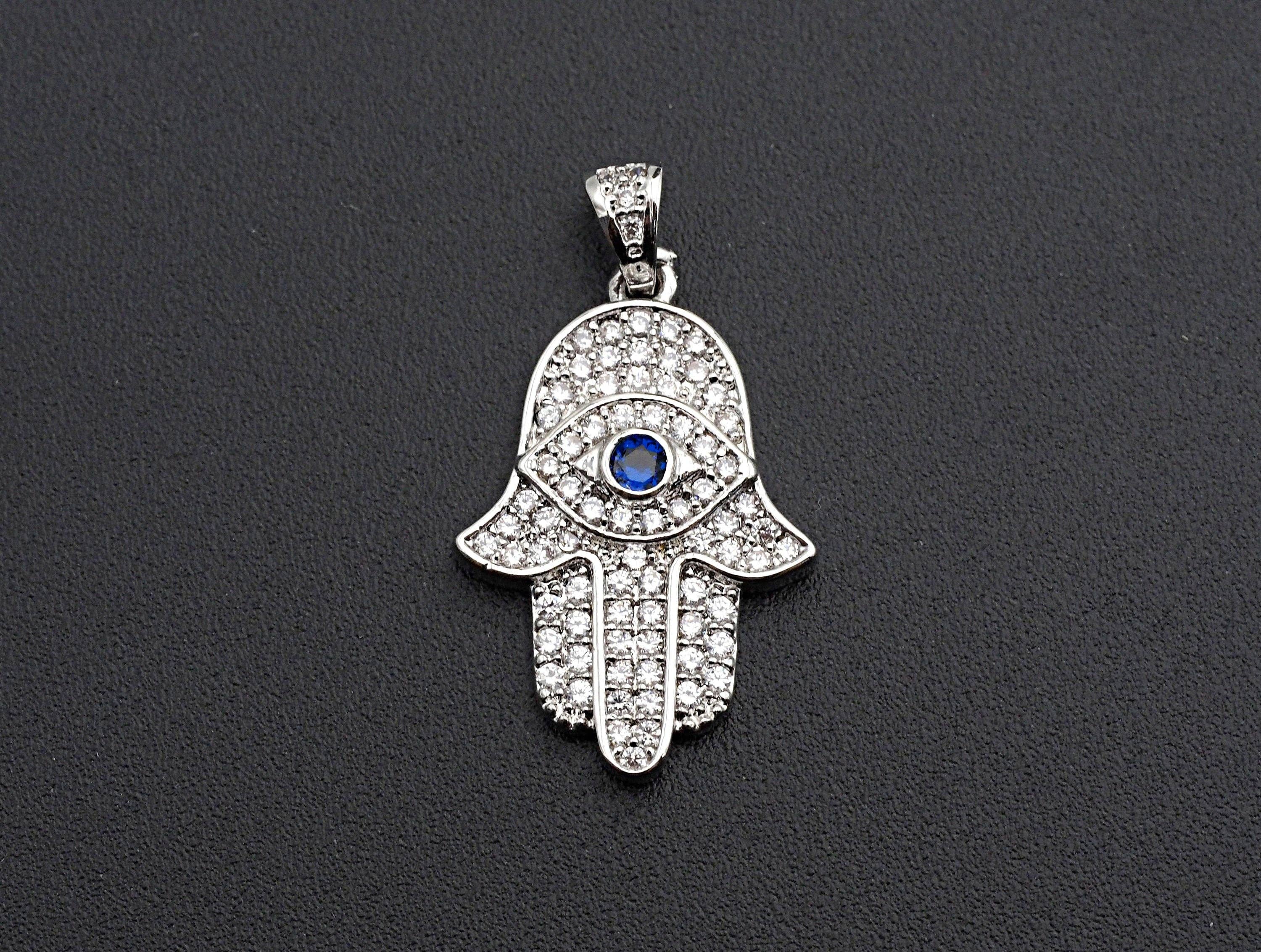Clear Cobalt Blue CZ Micro Pave Evi Eye On Hamsa Hand Shaped Pendant/Charm, Cubic Zirconia Pendant Charm,15x23mm,sku#Z570
