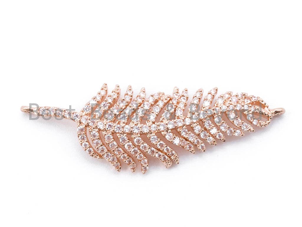 CZ Micro Pave Feather Leaf Link Connector, Clear Cubic Zirconia Pave Gold/Rose Gold Charms,14x43mm,1 pc/2pcs sku#E122