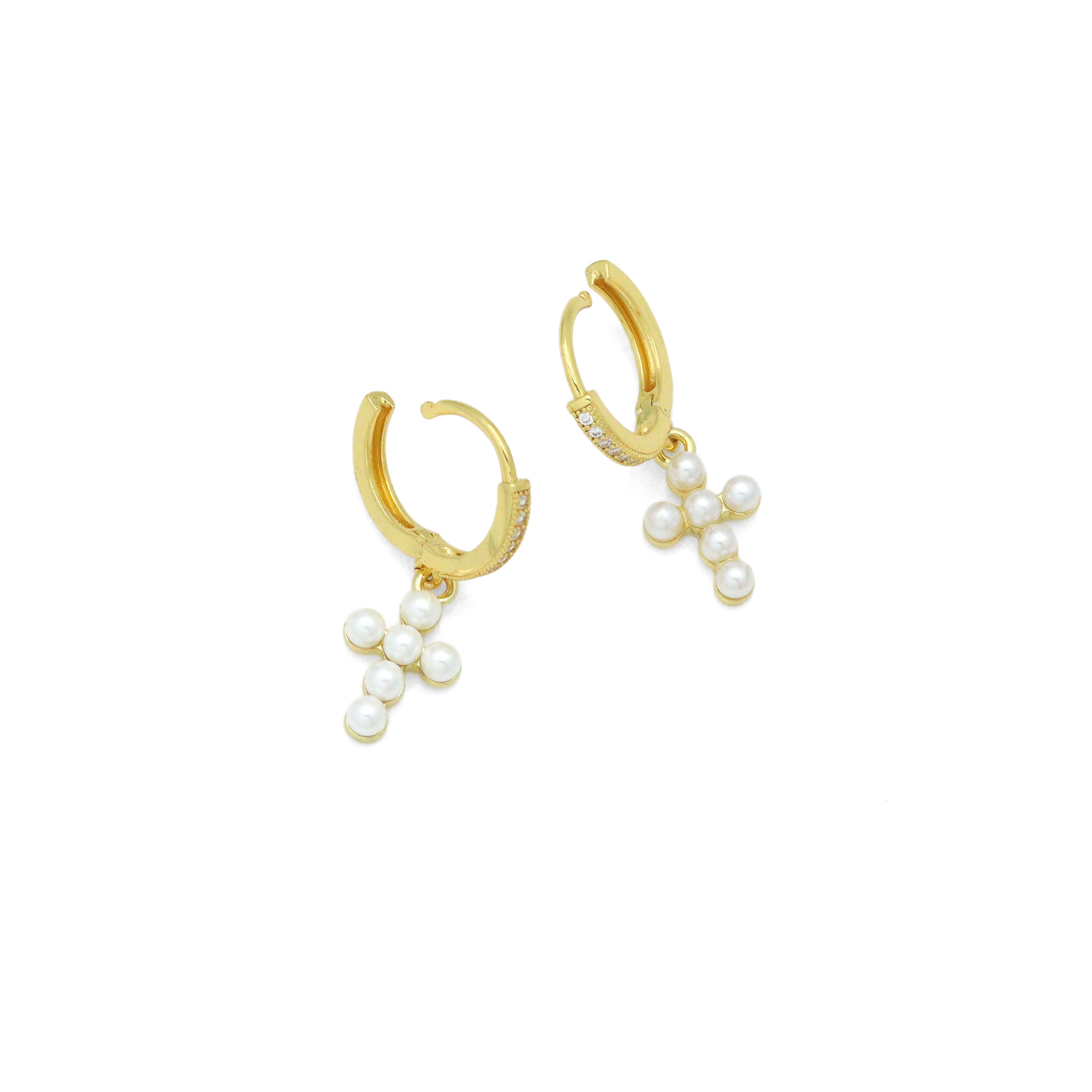 Dainty Pearl Cross Pendant with CZ Hoop Dangle Earrings, Sku#EF833