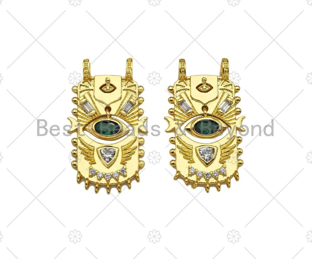 CZ Micro Pave Green Evil Eye On Rectangle Shield Shape Pendant,Evil Eye Shaking Back and Forth Charm, Gold Charm,16x28mm,Sku#Z1323