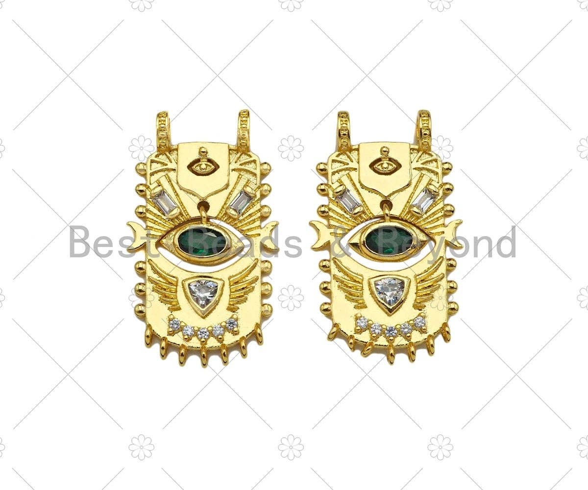 CZ Micro Pave Green Evil Eye On Rectangle Shield Shape Pendant,Evil Eye Shaking Back and Forth Charm, Gold Charm,16x28mm,Sku#Z1323
