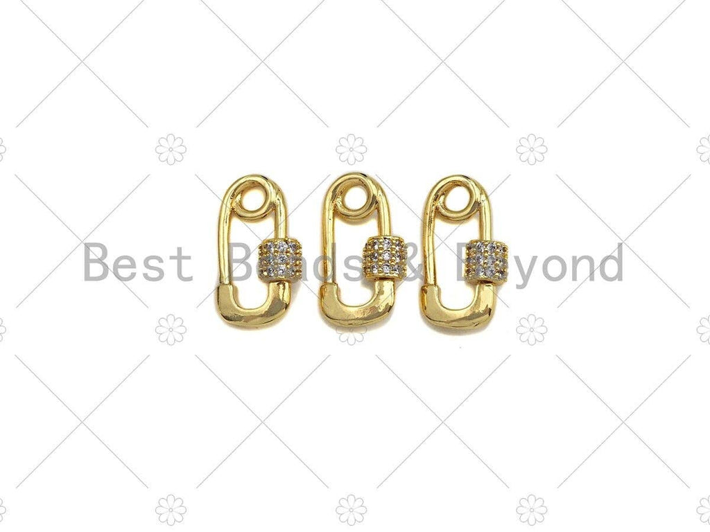 Small 18K Gold Clear CZ Micro pave Safety Pin Shape Clasp, Carabiner Clasp Safety pin, Paper clip Chain connector clasp, 8x14mm, sku#LK12
