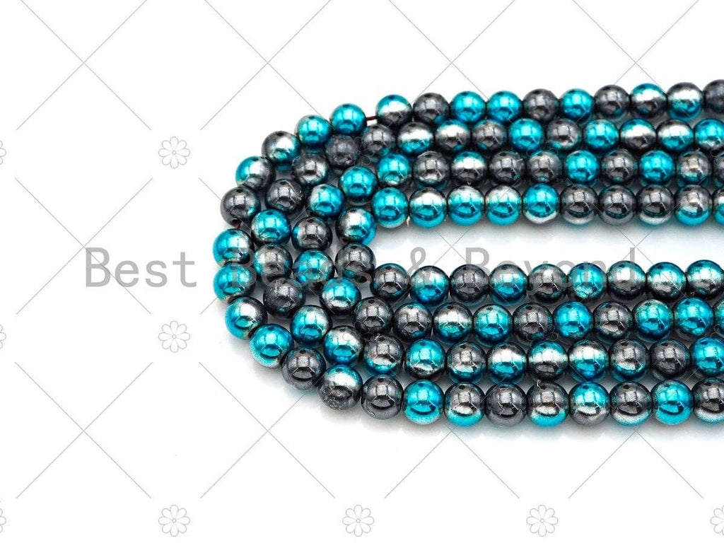 New!!! Half Plated Blue Natural Hematite Beads, 4mm/6mm/8mm Pecock Blue Round Smooth Beads,15.5''  Full Strands, Sku#S131