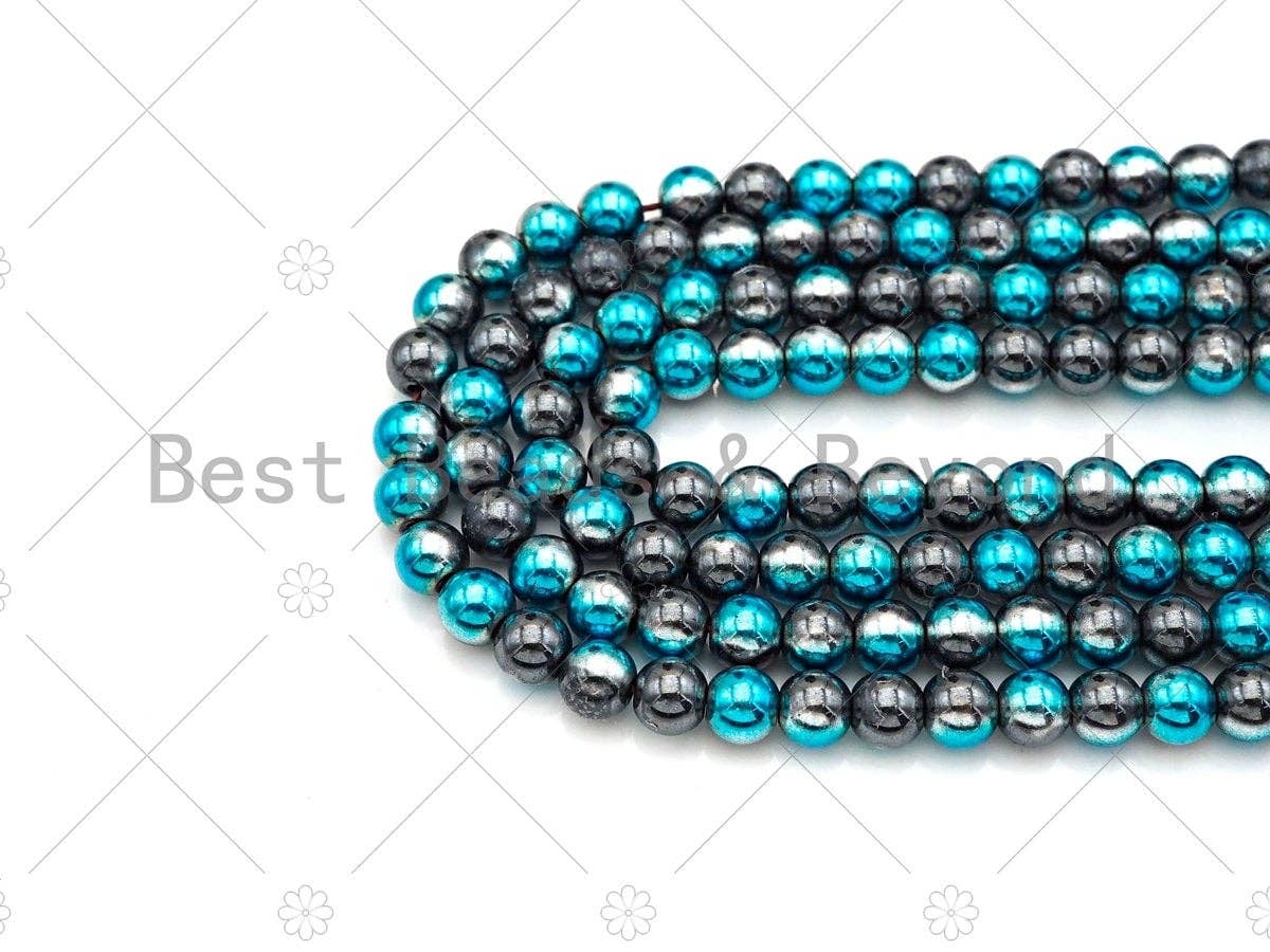 New!!! Half Plated Blue Natural Hematite Beads, 4mm/6mm/8mm Pecock Blue Round Smooth Beads,15.5''  Full Strands, Sku#S131