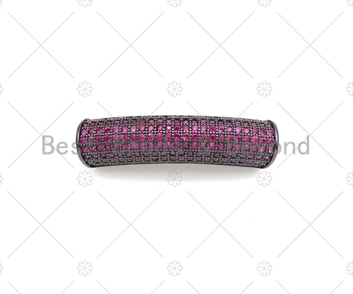 Fuchsia CZ Micro Pave Half Full Pave Tube for Bracelet/Necklace, CZ Spacer Tube in Silver/Gold/Rose Gold/Black, Tube Beads, 38x8mm,sku#ML09