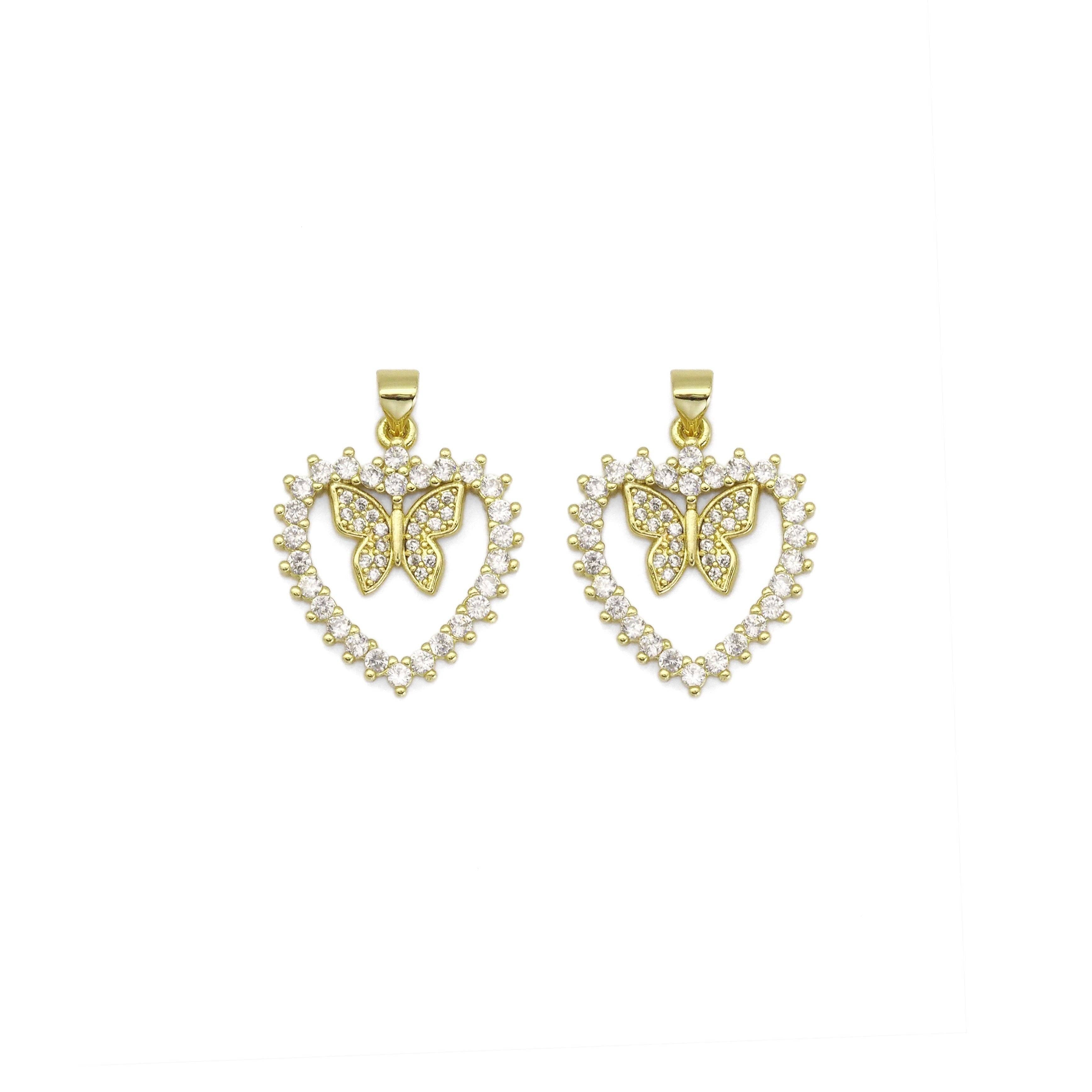 Gold CZ Butterfly On Heart Charm, Sku#LK880