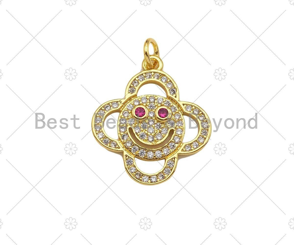 CZ Micro Pave Smiley Face with Fuchsia Eye On Clover Shape Pendant, 18K Gold Charm, Necklace Bracelet Charm Pendant,18x21mm,Sku#LK306