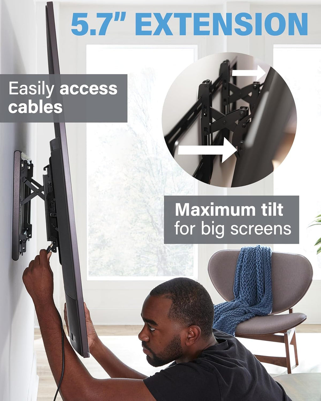 SANUS Preferred Extendable Tilt TV Wall Mount for 42 to 90 Inch Screens up to 150Lbs - 5.7” Extension Provides Max 12 Deg Tilt to Reduce Glare - Easy DIY Install W/Included Hardware - SLT4-B1
