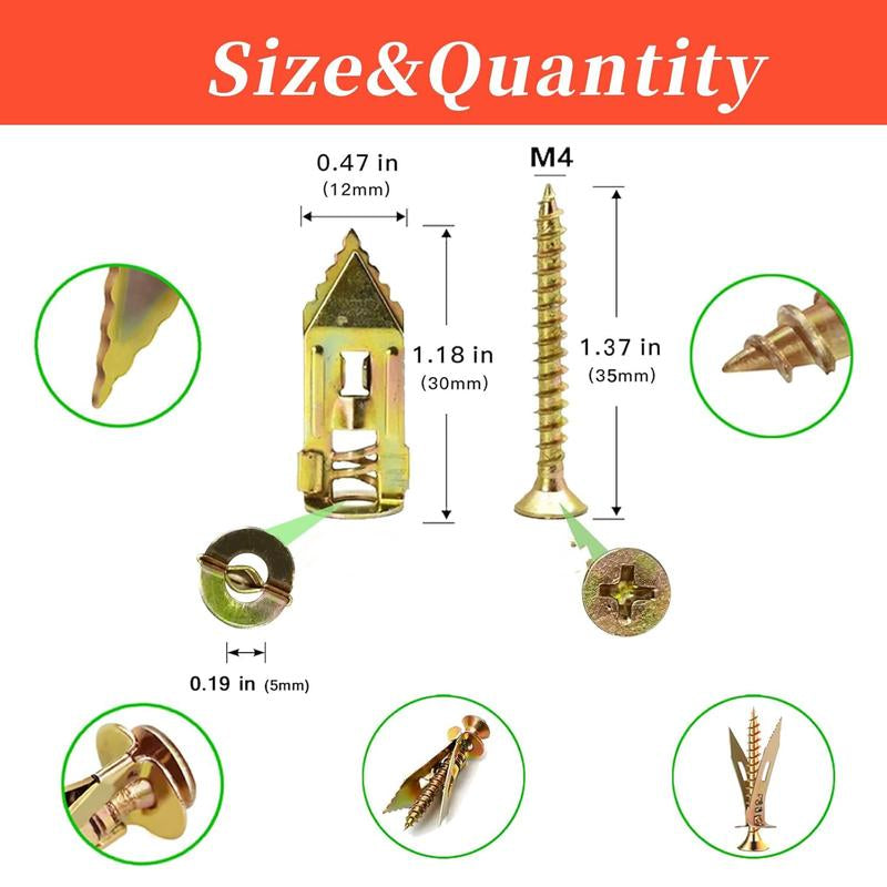 60Count Drywall Self Drilling Anchors and Screws,Easy Application,No Drill or Holes in Wall,Heavy-Duty Zinc-Plated Steel Anchors with Self-Tapping Screws,Hollow Screws and Anchors for Tv,Bicycle,Cabinet Fixing Accessories.