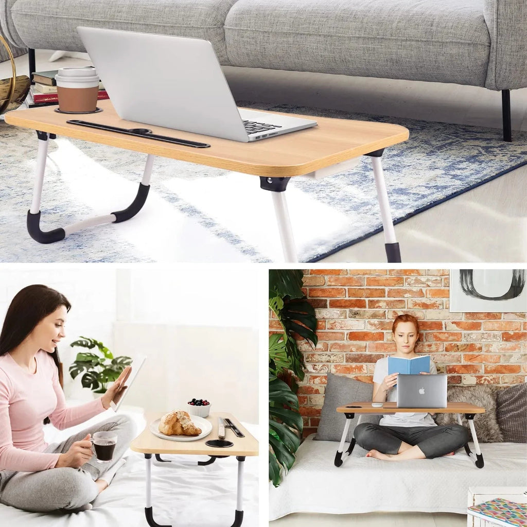 PHANCIR Escritorio Plegable Para Regazo, Mesa Portátil De Madera Para Laptop De 23.6 Pulgadas, Organizador De Oficina Para Espacio De Trabajo, Bandeja Para Cama Y Sofá Con Ranuras/Portavasos/Cajón, Antideslizante Para Leer Escribir Comer Ver, Nogal