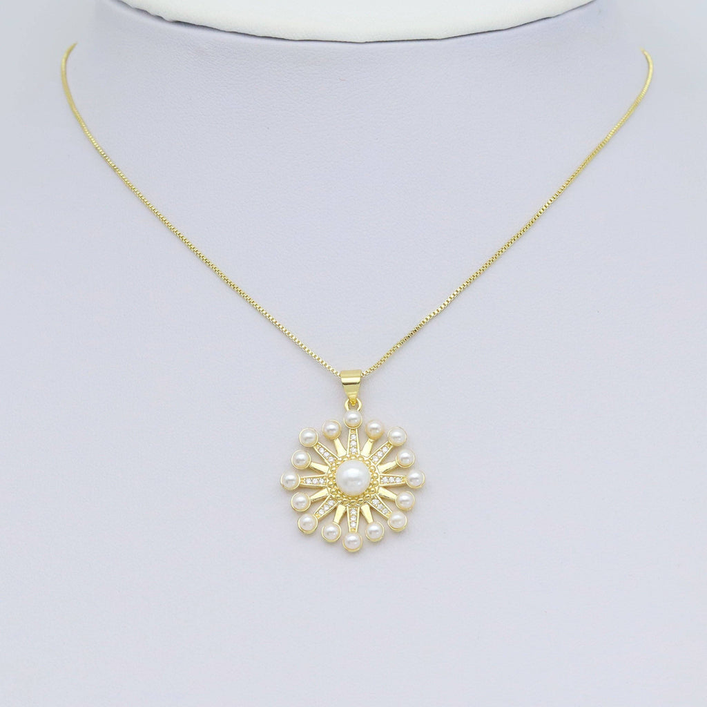 CZ Pave Gold White Pearl North Star Charm Pendant, Sku#LX627