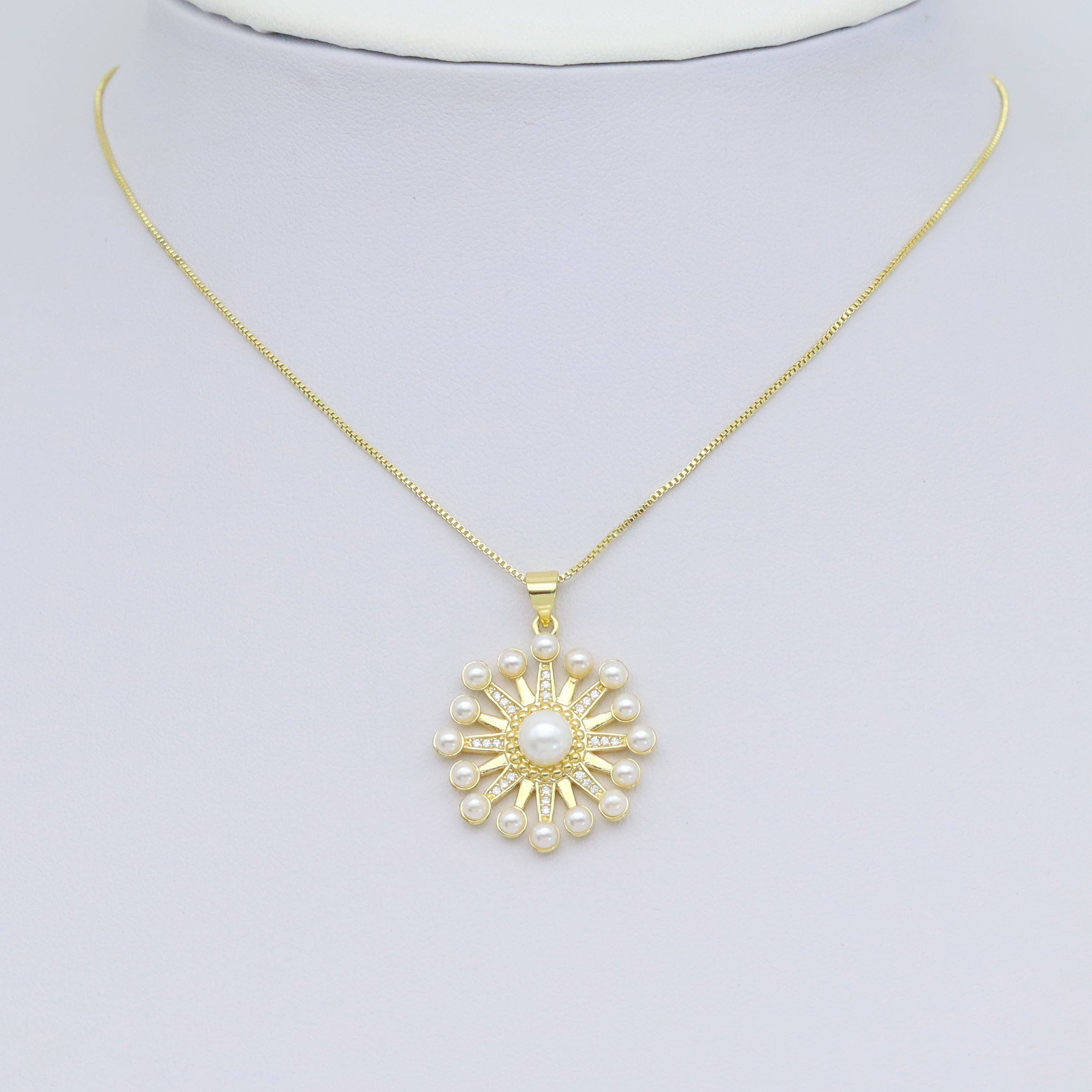 CZ Pave Gold White Pearl North Star Charm Pendant, Sku#LX627