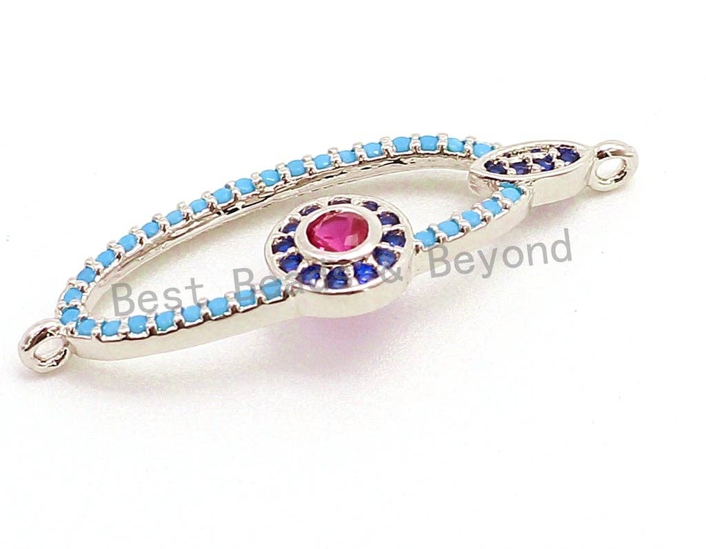 CZ Micro Pave Turquoise Hollow Evil Eye Connector for Bracelet/Necklace, Cubic Zirconia Space Connector, Jewelry Findings,10x31mm,sku#E53C
