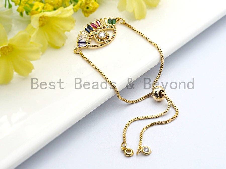 CZ Micro Pave Evil Eye With Rainbow Long Eyelashes Connector for Bracelet/Necklace, Cz Space Connector,16x33mm,sku#E480C