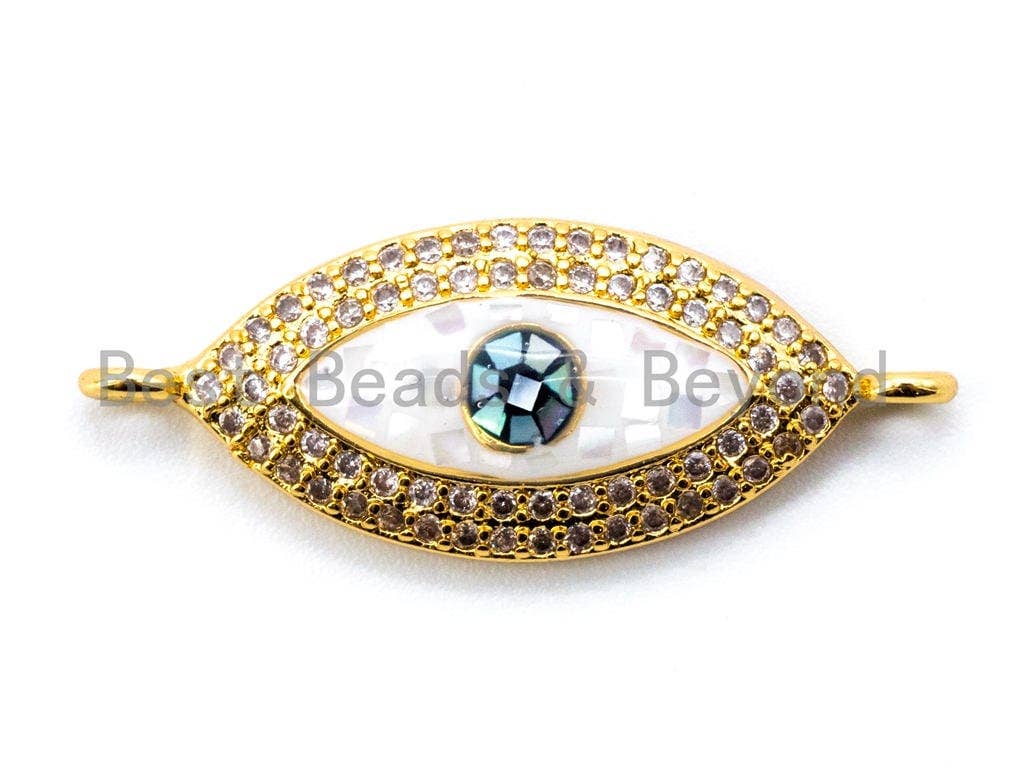 CZ Micro Pave Evil Eye Connector with Abalone Shell, Cubic Zirconia Space Connector, CZ Abalone Stone Charm 11x27mm, 1pc/2pcs,SKU#E296C