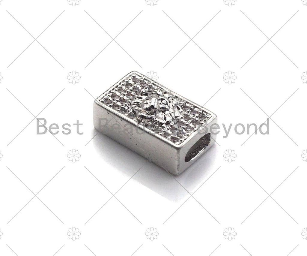 CZ Large Hole Embossment Lion Head Spacer Micro Pave Beads, Cubic Zirconia Cuboid Space Beads, Men's Bracelet Findings, 13x7mm, SKU#LD07