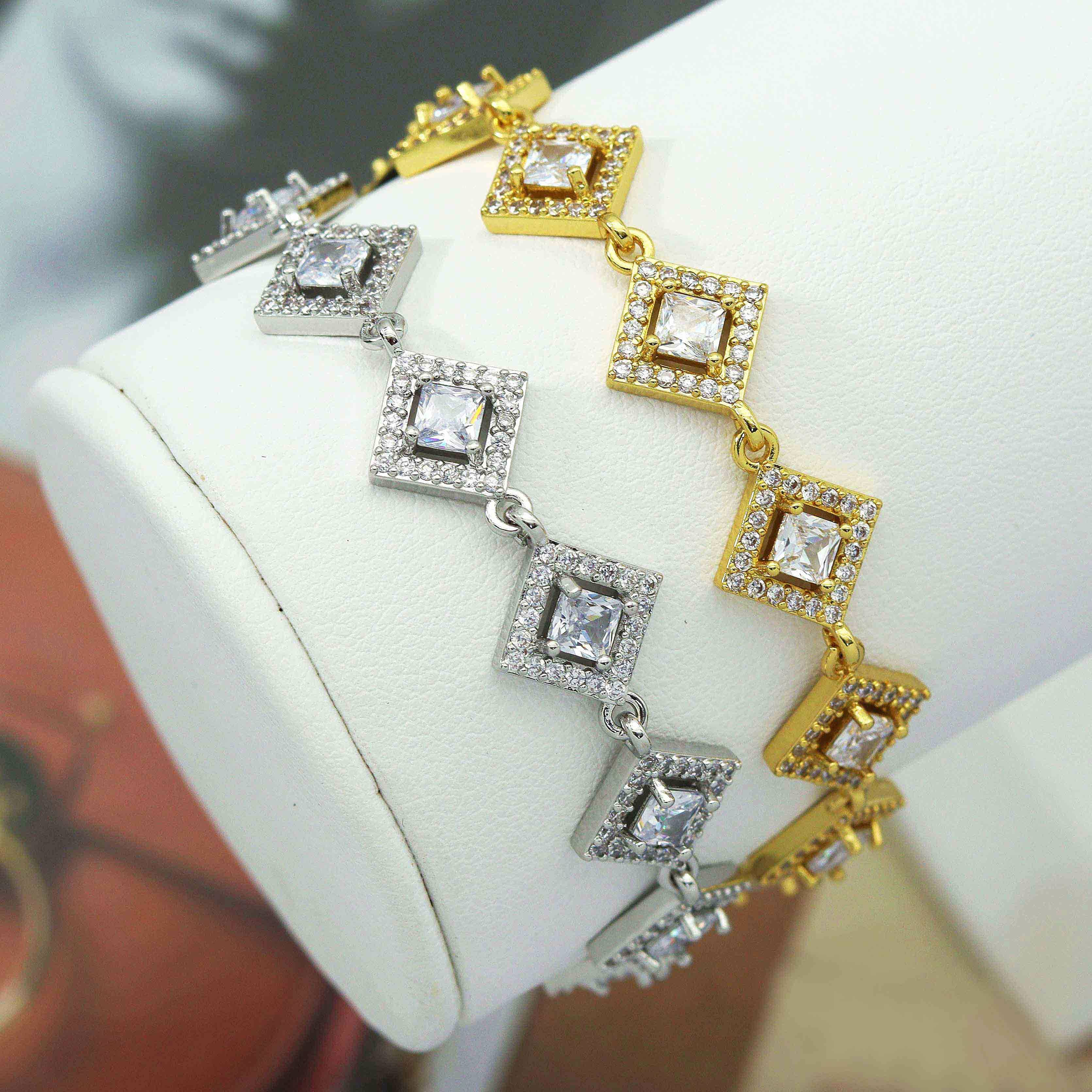 CZ Gold Silver Rhombus Diamond Shape Bezel Setting Bracelet, Sku#B218