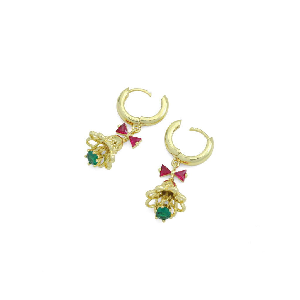 Colorful CZ Christmas Jingle Bell Bow Earrings, Sku#A485