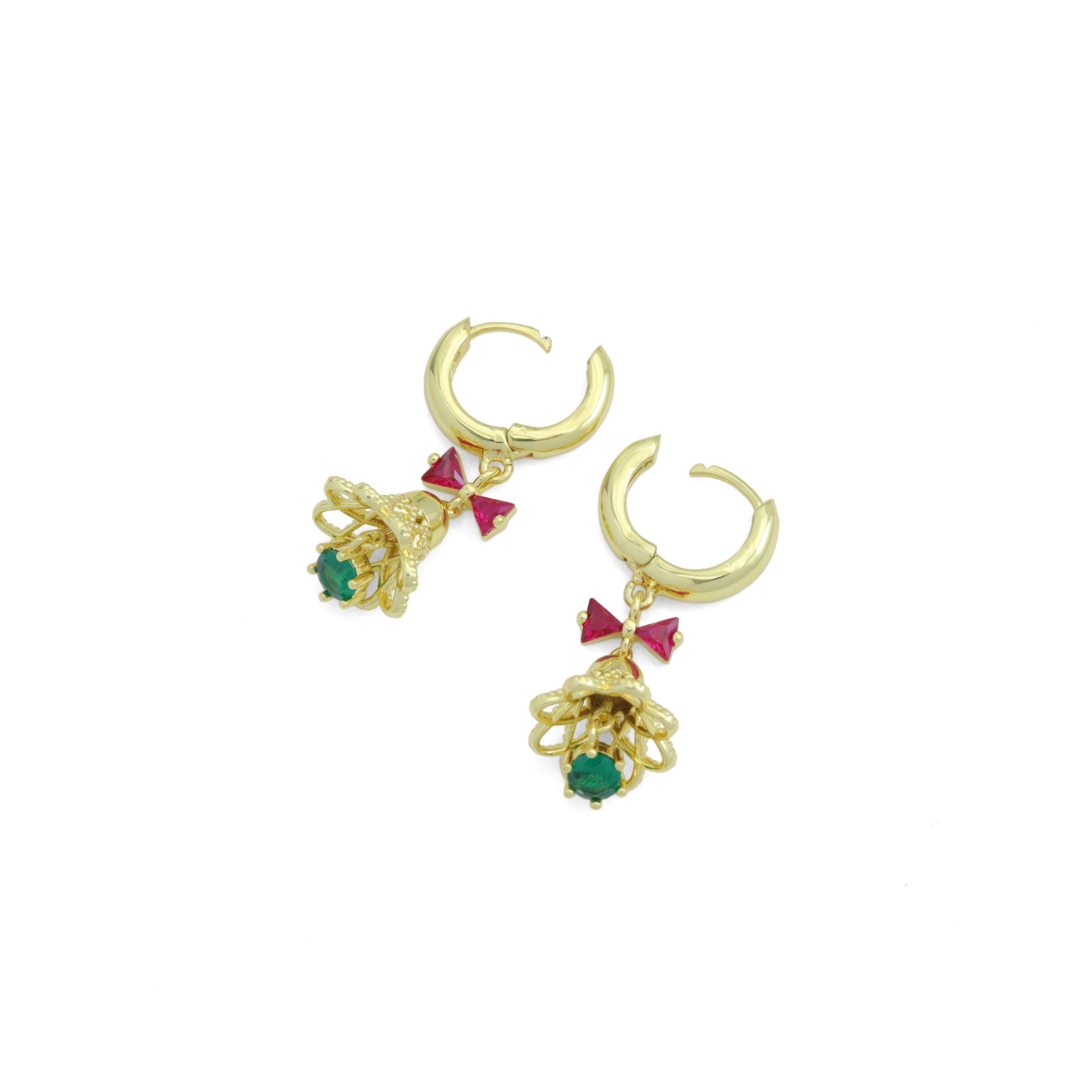 Colorful CZ Christmas Jingle Bell Bow Earrings, Sku#A485