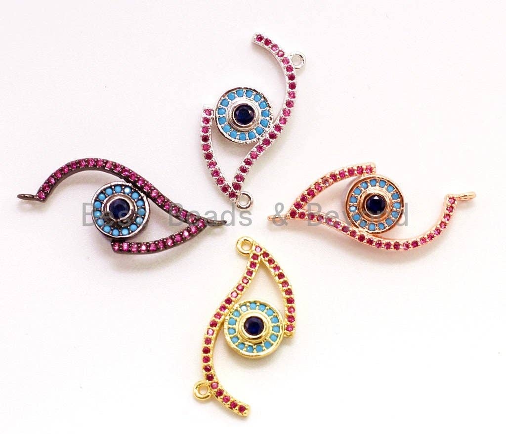 CZ Micro Pave Fuchisa Half Evil Eye Connector for Bracelet/Necklace, Cubic Zirconia Space Connector, Jewelry Findings,11x30mm, sku#E23C