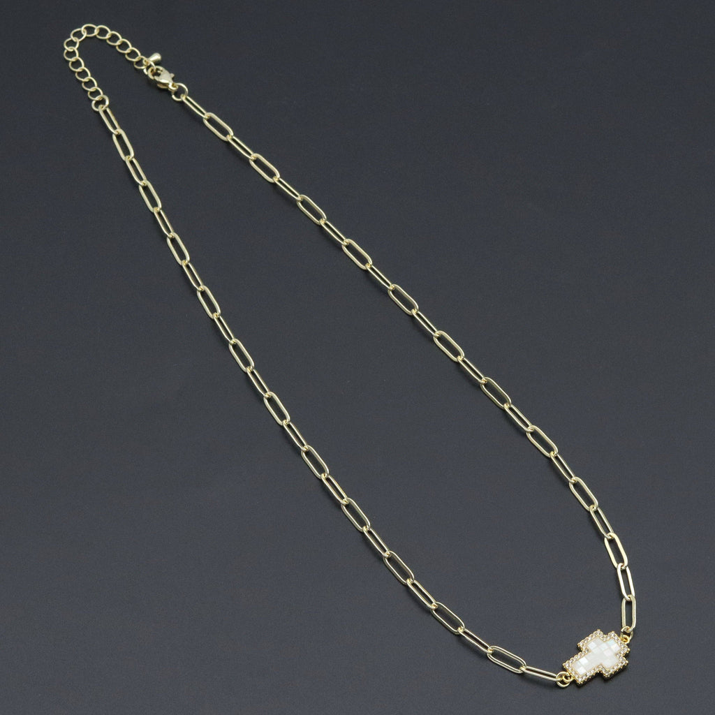 Gold Mother of Pearl Cross Pendant Adjustable Necklace, Sku#EF620