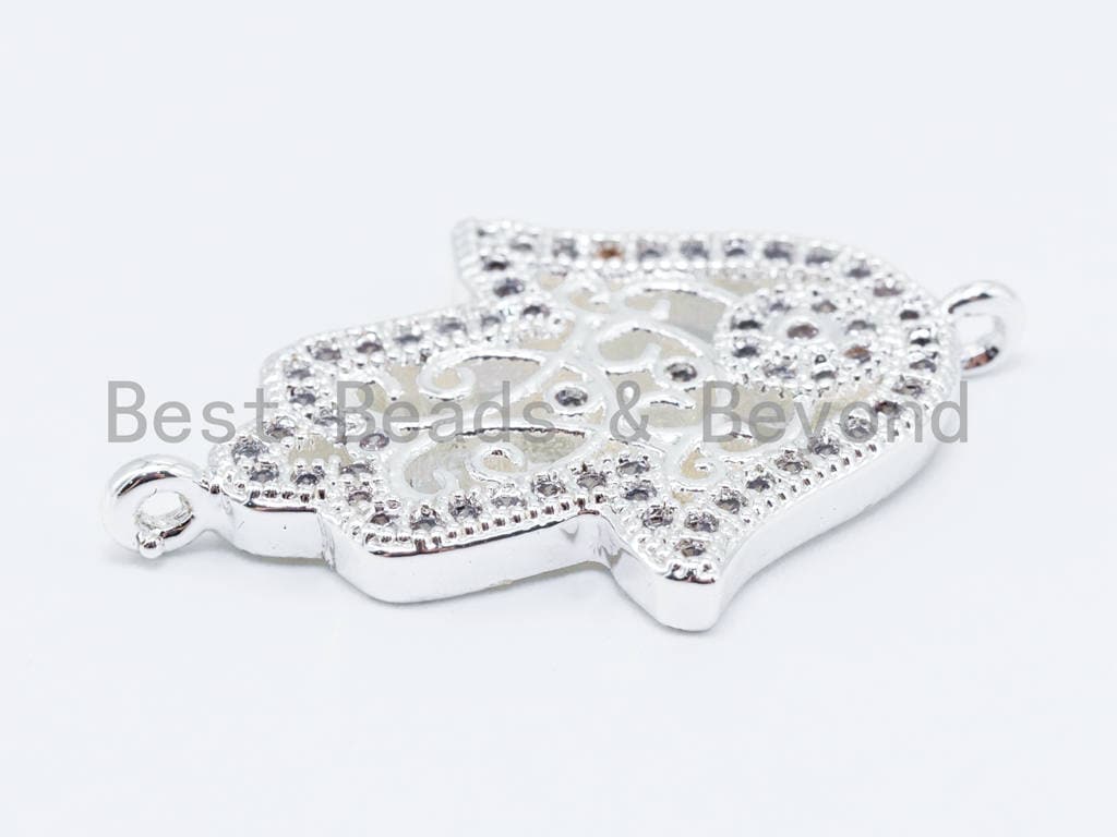 CZ Micro Pave Hollow Floral Hamsa Hand Connector, Cubic Zirconia Gold/Silver/Rose Gold Plated Hand Charm, sku#E202