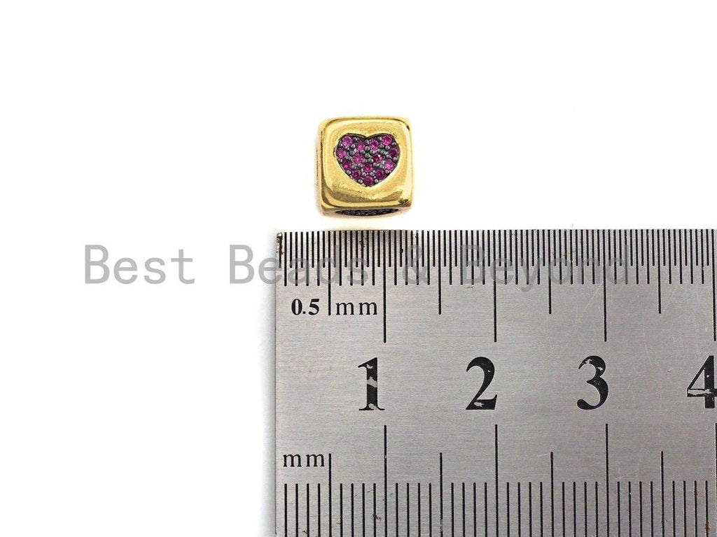Fuchsia  CZ Micro Pave Heart Cube Spacer Beads, Cubic Zirconia Cube Spacer Beads, 24k Gold Tone, 8.5mm,sku#Z865