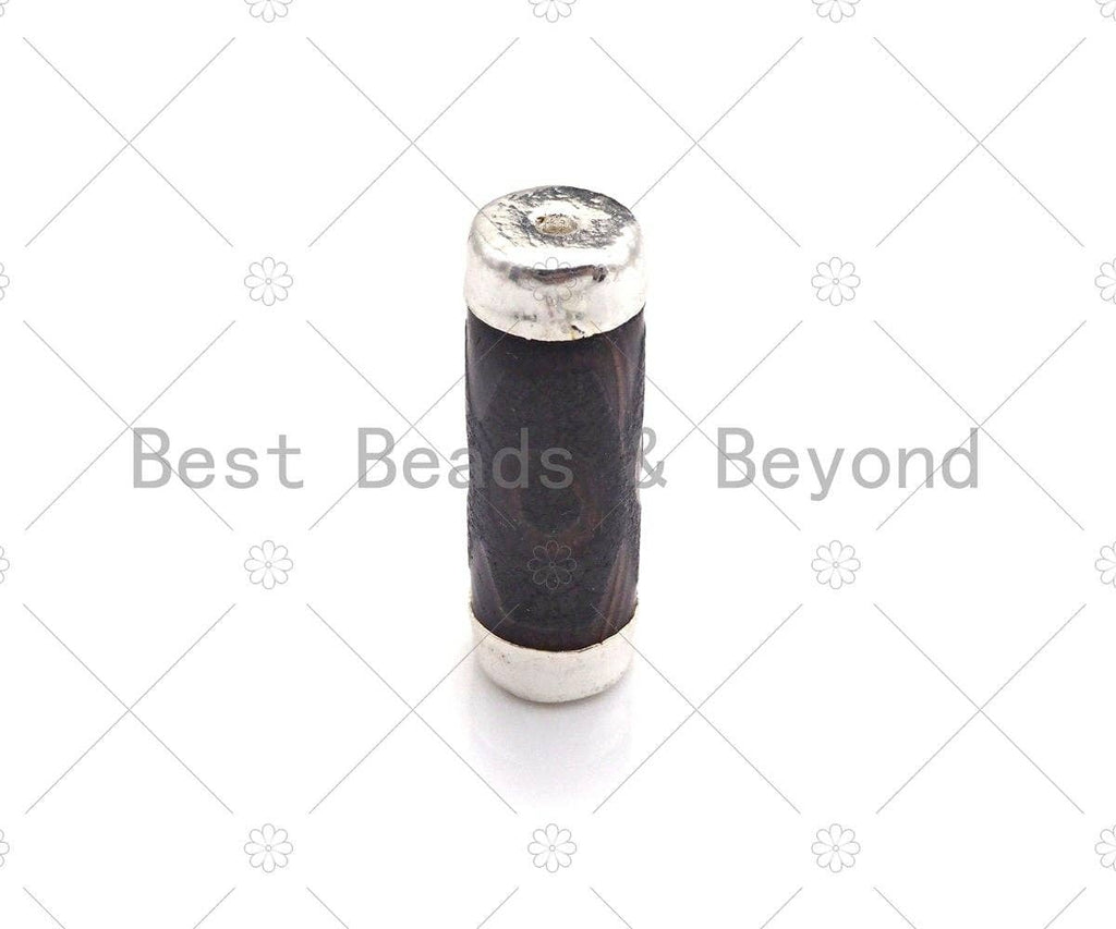 Large Natural Tibetan Agate Barrel Shape Spacer Beads, Silve